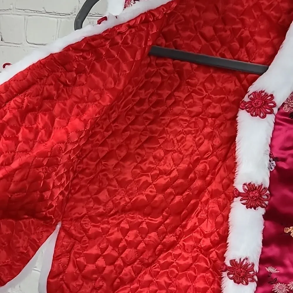 Chinese New Year Brocade Vest Kids 10 Red Satin Faux Fur Lunar Festival Unisex